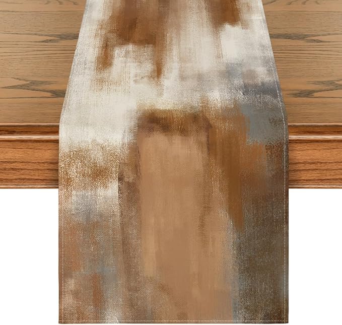 Artoid Mode Brown Abstract Modern Art Table Runner, Seasonal Farmhouse Style Kitchen Dining Table Decoration for Home Party Decor 13x72 Inch