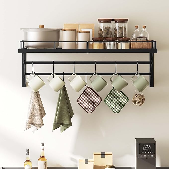 YATINEY Pot Rack, 30 Inch Wall Mounted Pot Rack, Kitchen Pot and Pan Organizer with 2 Tier Hanging Rails, 12 S-Hooks, Space Saving, for Kitchen Cookware Organizer, Black PR02BK