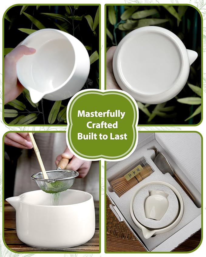 20OZ Matcha Whisk Set - 5PCS Matcha Kit Includes Ceramic Bowl with Spout, Bamboo Whisk with Holder, Bamboo Scoop and Sifter, Matcha Set for Ceremony, Gift for Matcha Lovers (White)