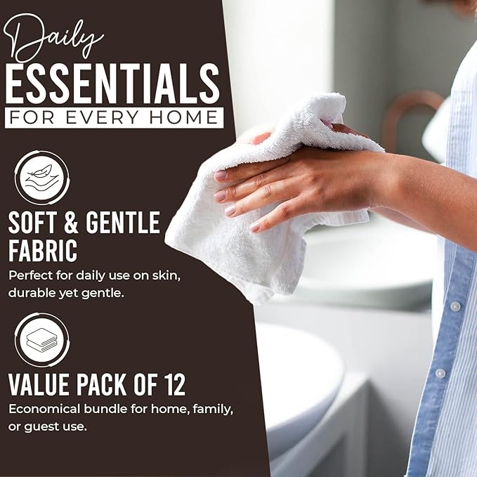 DAN RIVER 12 Pack Wash Cloths for Showering [12x12] - 100% Cotton Washcloths Premium Quality Flannel Face Cloths for Bathroom, Highly Absorbent and Soft Feel Wash Clothes, Brown