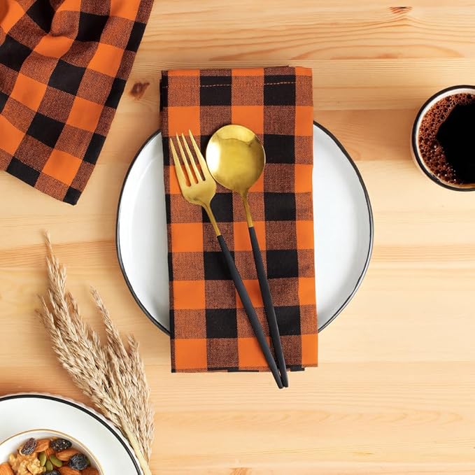 Cloth Napkins Set of 12, 100% Cotton Dinner Napkins 18x18 Inch, Soft Absorbent Gingham Check Napkin for Restaurant, Table Décor, Reusable Washable for Everyday Use - Orange/Black