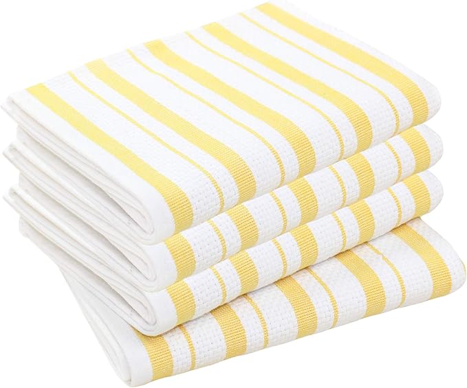 COTTON CRAFT Oversized Kitchen Towels -4 Pack 100% Cotton Basketweave Tea Dish Towels - Absorbent Reusable Low Lint Quick Dry - Cooking Drying Restaurant Bar Cleaning Cloth Napkin -20x30 Yellow Stripe