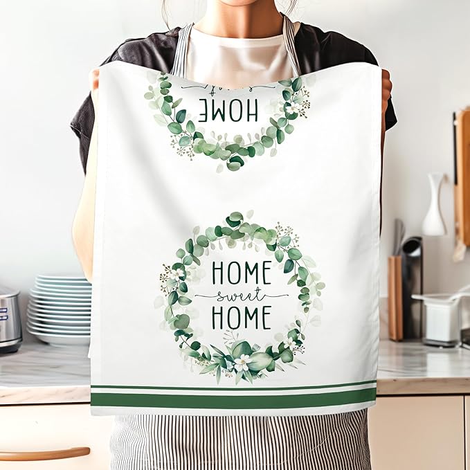 Eucalyptus Leaves Tea Towels, Cotton Kitchen Towel 18.9 × 27.5 inch, Quick Drying Dish Cloth for Party Anniversary Holiday Decoration, Housewarming Gifts for Mom