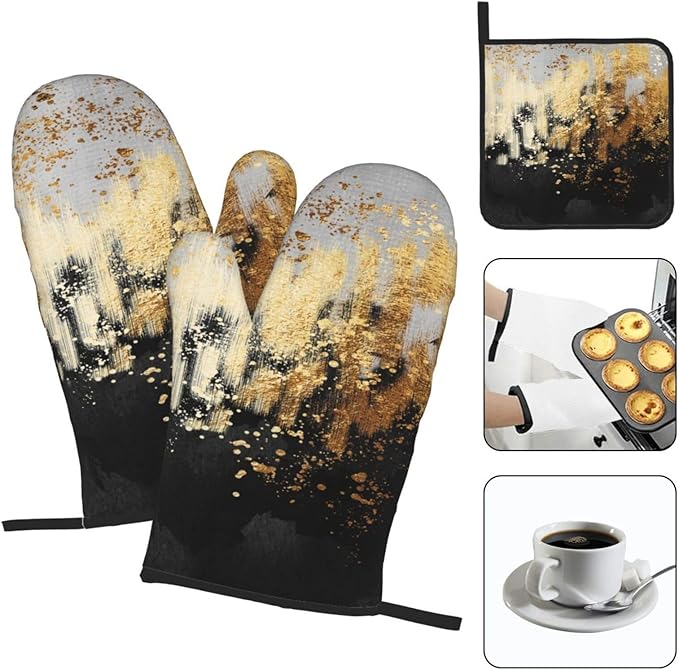 3 - Piece Black Gold Abstract Art Oven Mitts and Pot Holders Sets, Modern Decorative Black Gold Oven Gloves and Hot Pads Heat Resistant for Kitchen Cooking Baking Grilling, Gift for Women, Home Decor