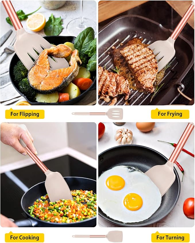 Pack of 2 Silicone Solid Turner, Non Stick Slotted Kitchen Spatulas, High Heat Resistant BPA Free Cooking Utensils, Ideal Cookware for Fish, Eggs, Pancakes(Rose Gold Khaki)