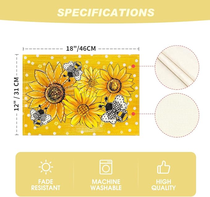 Artoid Mode Sunflower Bee Flower Polka Dot Summer Placemats Set of 4, 12x18 Inch Spring Table Mats for Table Runner Party Kitchen Dining Decoration