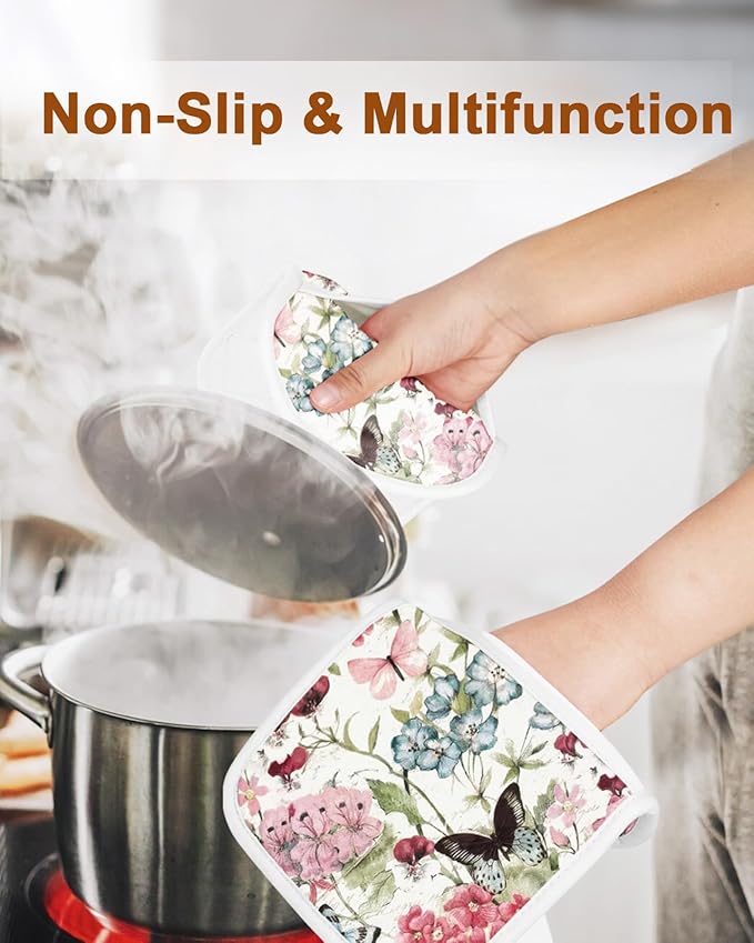 Swooflia 100% Cotton Pot Holders 2 Pack Set for Kitchen with Pockets - Cute 440°F Heat Resistant Oven Hot Pads Heavy Duty for Countertop Home Cooking Baking Microwave BBQ Butterfly Floral