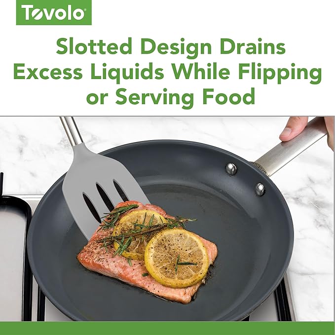 Tovolo Slotted Silicone Spatula Turner Slotted Stainless Steel Handle 10" Charcoal Gray Heat Resistant Non Toxic BPA Free Kitchen Utensil, Silicone Egg Pancake Flipper Metal Handle Turner for Cooking
