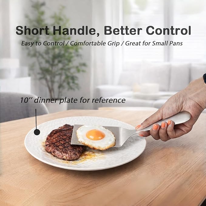 IMEEA Small Metal Spatula Set 10-Inch, SUS304 Stainless Steel Flat & Slotted Turner for Eggs, Pancakes, Sandwiches, Compact Kitchen Spatula Set of 2