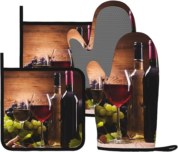 Wine Grapes Wooden Vintage Oven Mitts and Pot Holders Sets of 4, Heat Resistant Silicone Oven Mittens and Potholders Gloves Hot Pads for Kitchen Cooking Baking Grilling BBQ Chef