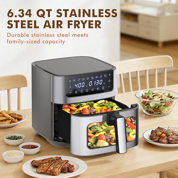 OLIXIS 6.34QT Air Fryer with Window, 8 Food Presets with 400°F Max Heat, 90-Min Timer, Nonstick Dishwasher-Safe Basket for Air Fry, Roast, Reheat, Bake, Stainless Steel, Grey