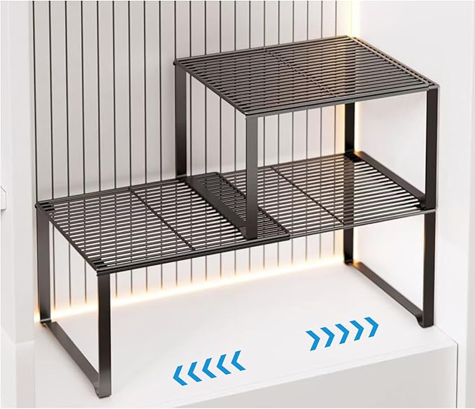 Extendable Metal Wire Shelf Organizer - Adjustable 15-24.4in Length, Stackable Storage Rack for Kitchen/Pantry/Bathroom/Shoe Cabinet/Tool Closet (2,Black)