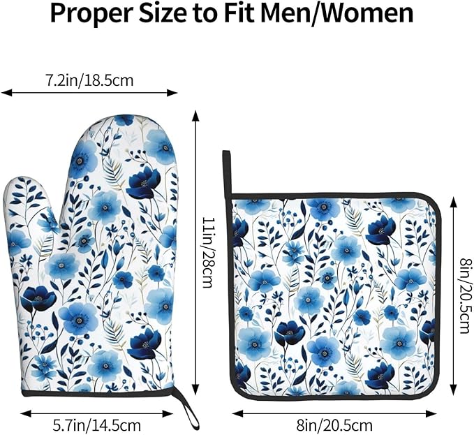 Blue Floral Oven Mitts and Pot Holders Sets of 3, Heat Resistant Cute Decorative Blue Flowers Kitchen Gloves and Hot Pad for Home Cooking Baking Grilling, Baking Gifts for Women, Holiday Kitchen Decor