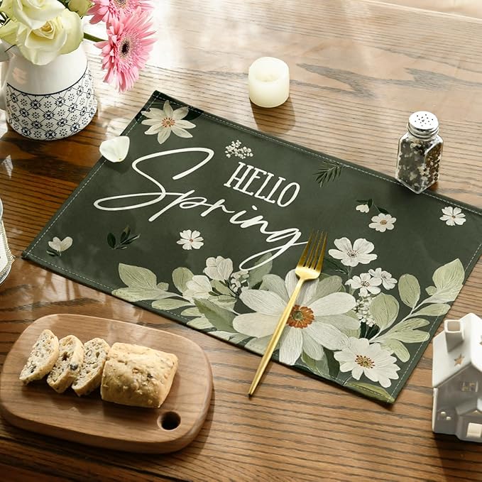 Artoid Mode Daisy Flowers Hello Spring Placemats Set of 4, 12x18 Inch Seasonal Summer Holiday Table Mats for Party Kitchen Dining Decoration
