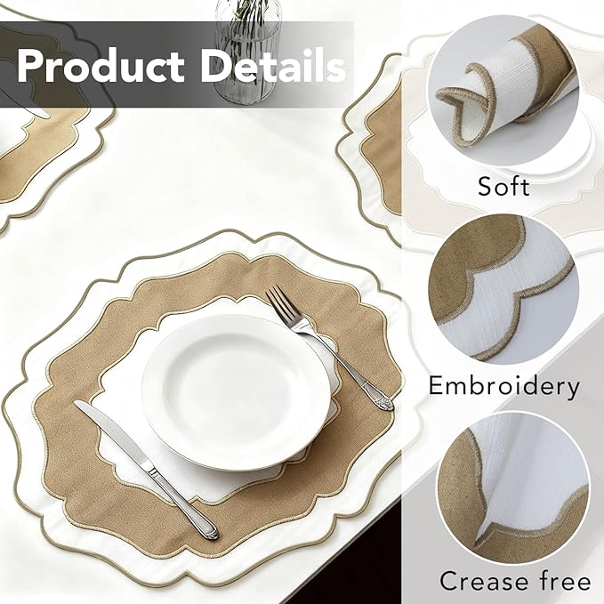 Embroidery Cotton Linen Placemats Set of 4, HADEEONG Table Mats Cloth Placemats, Washable Wrinkle Resistance, Double Layer Scalloped Fabric Placemats, 17.7 x 13.4inch (White with Brown, 4)