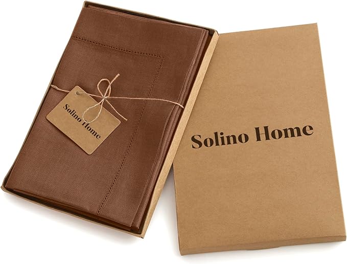 Solino Home Brown Linen Napkins Set of 4-100% Pure Linen Hemstitch Dinner Napkins 20 x 20 Inch for Mothers Day - Classic Hemstitch
