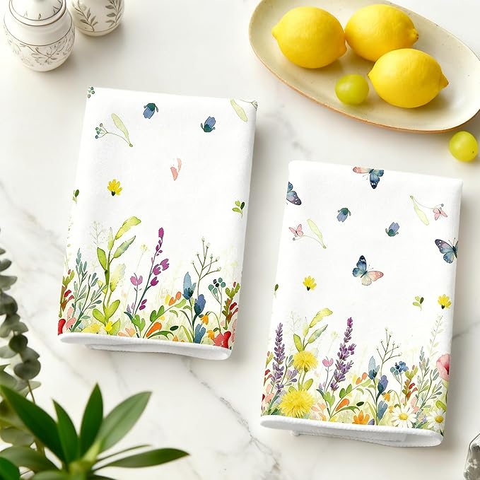 Spring Wildflower Kitchen Towels Set of 2-16×24in Floral Dish Towels, Super Absorbent & Quick Dry Hand Towels for Kitchen Bathroom Home Easter Mother‘s Day Gifts