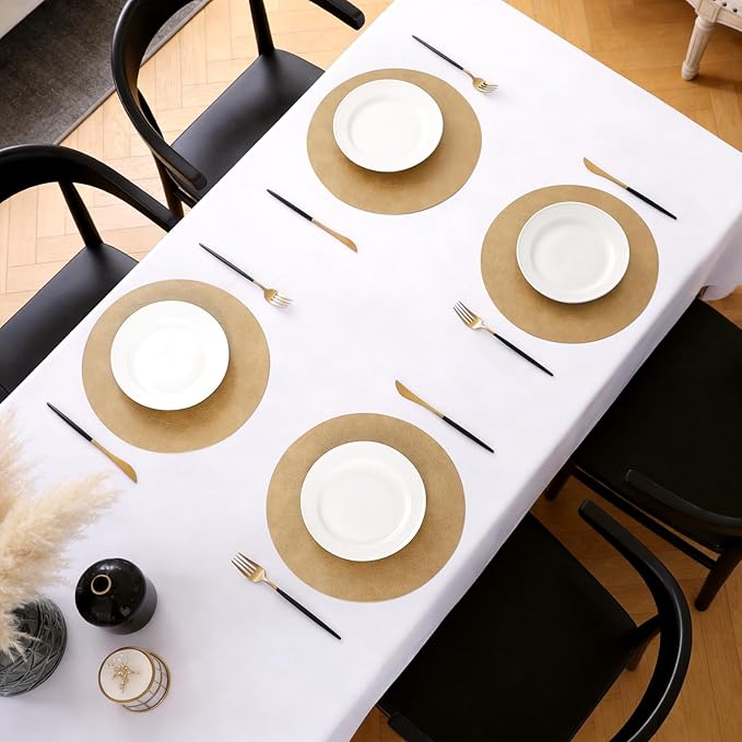 MOSAYT 13 Inch Round Vinyl Placemats Set of 4 - Faux Leather 100% Waterproof Oil-Proof Wipeable PU Place Mats, Heat Resistant Reversible Table Mats for Kitchen, Dining, Outdoor (Camel)