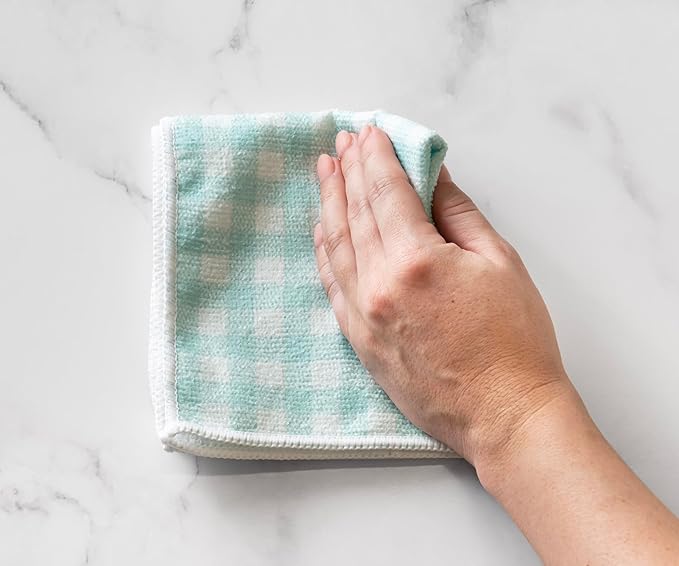 Martha Stewart Microfiber Cleaning Cloths, Ultra-Absorbent, Lint-Free Cleaning Towels for Home & Kitchen, Teal Gingham, 11 Inches, 24 Count