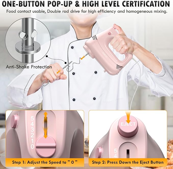 GUALIU Electric Hand Mixer with Stainless Steel Whisk, Dough Hook Attachment and Storage Bag, Handheld Mixer for Baking Cakes, Eggs, Cream Food Mixers. Turbo Boost /5 Speed Kitchen Blender PINK