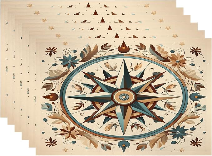 Batmerry Compass Rose Placemats, Floral Themed Design Washable Linen Table Mats for Kitchen Table Double Insulation Decor Dining Set Indoor Outdoor 12X18 in Set of 6