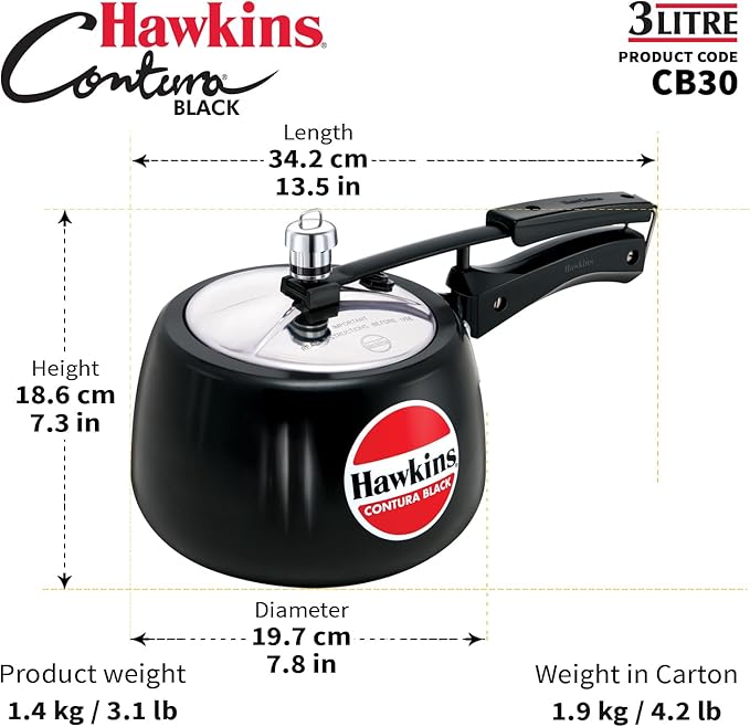 Hawkins 3 Litre Contura Black Pressure Cooker, Hard Anodised Inner Lid Cooker, Handi Cooker, Black (CB30)