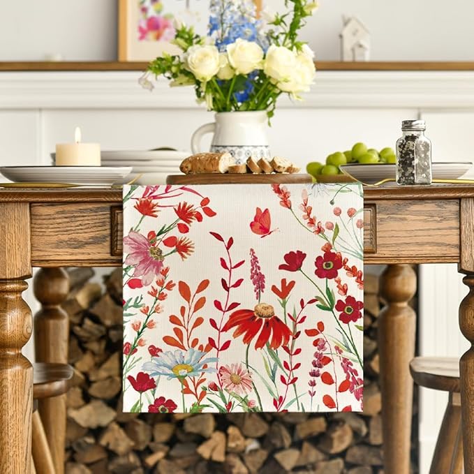 Artoid Mode Orange Daisy Flowers Floral Leaves Summer Table Runner, Spring Kitchen Dining Table Decoration for Home Party Decor 13x72 Inch