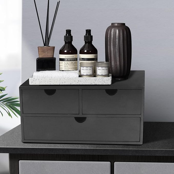 Charmewooden Bamboo Desk Organizer with 3 Drawers, Countertop Organizer with Drawers Makeup Storage Drawer 3 Drawer Tabletop Storage Organization Box Home Office Workspace（Black）