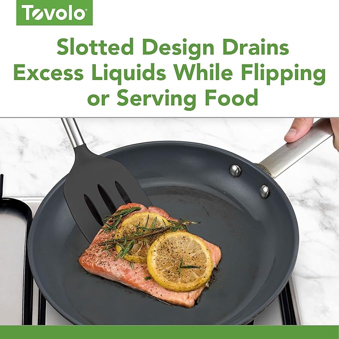 Tovolo Slotted Silicone Spatula Turner Slotted Stainless Steel Handle 10" Black Heat Resistant Non Toxic BPA Free Kitchen Utensil, Scratch Resistant Silicone Pancake Flipper Turner for Cooking