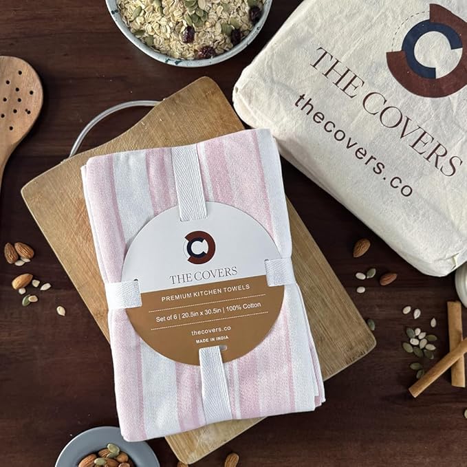 THE COVERS Premium 100% Cotton Kitchen Towels in Tender Petal Blush Colors | Set of 6 Lavishly Large Towels (20.5”x30.5”) | Handy Hanging Loop for Drying | Arrives Gift-Ready, with a Signature Tote