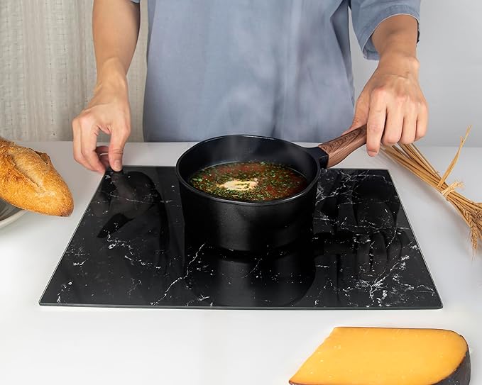 Kitchenville Glass Cutting Board 16"x12": Tempered Glass Kitchen Counter Protector - Durable- Scratch-Resistant, Heat-Proof - Design 1 - Black Marble Effect