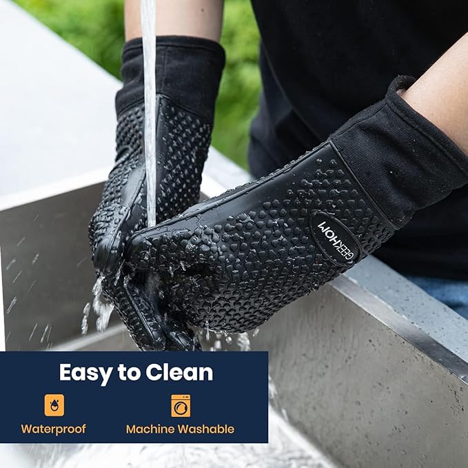 GEEKHOM BBQ Gloves Heat Resistant, 13.7 Inch Long Waterproof Silicone Oven Mitts for Grilling and Smoker, Non-Slip 5 Finger Kitchen Hot Mitts for Baking, Cooking & Cast Iron, Black