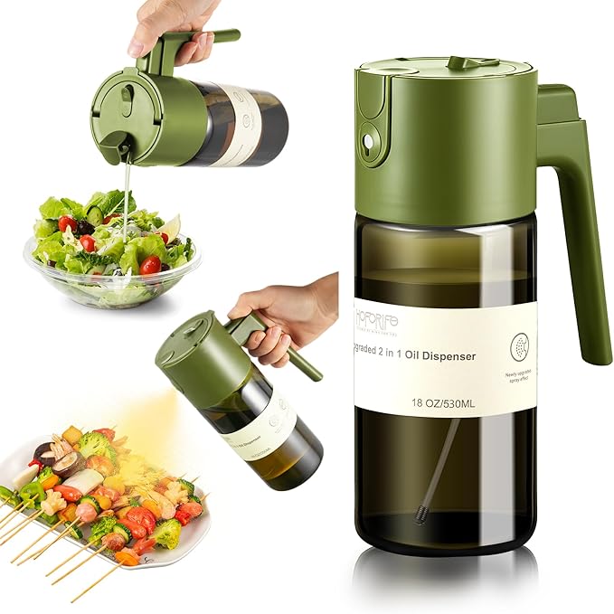 Glass 2 In 1 Olive Oil Dispenser Bottle for Kitchen Gadgets, Olive Oil Sprayer for Cooking 17oz/500ml (Light Blockage, Green)