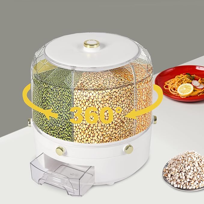 Cereal Dispenser, 6-grid 360° Rotating Grain Dispenser, 6 in 1 Sealed Clear Rice Dispenser, 6kg/13.2lbs Grain Storage Container, Countertop PP+PET Round Granular Dry Food Dispenser, 9.84*9.84in White