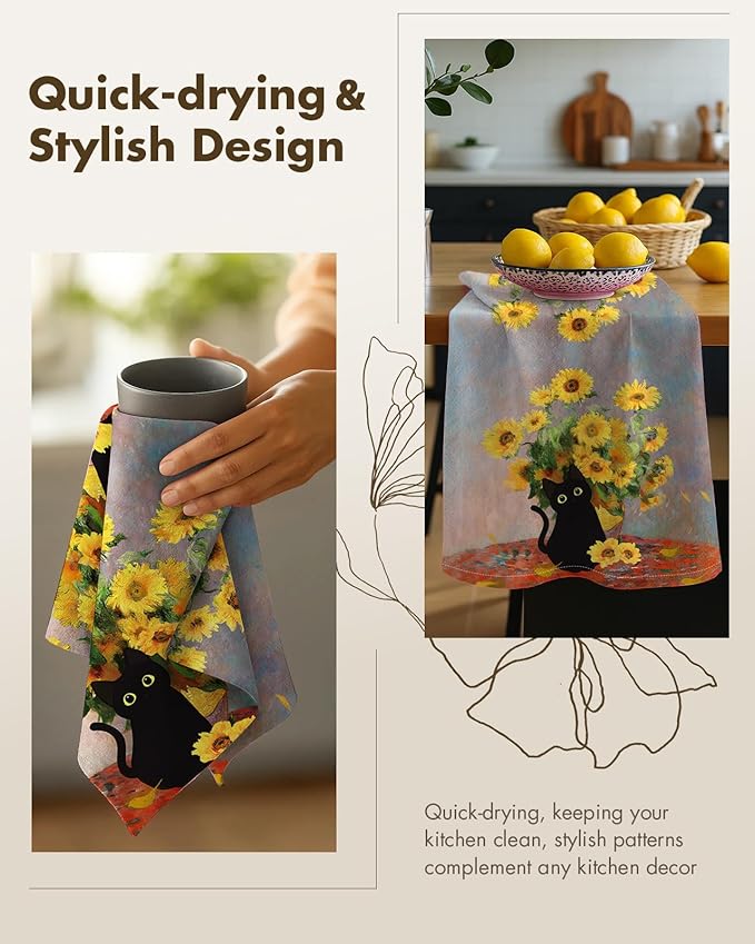 Miss Adola Flour Sack Kitchen Towels - Set of 2 Cotton Dish Towels with Hanging Loop Decorative 18x26 Inch Absorbent Cute Design for Housewarming Gifts, Cat Blossom