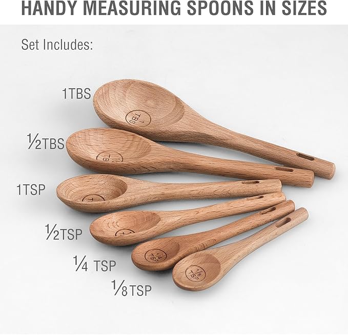 6pcs Measuring Spoons, Natural Beechwood Measuring Spoons Set Includes 1 tbsp, 1/2 tbsp, 1 tsp, 1/2 tsp, 1/4 tsp & 1/8 tsp for Cooking Baking, Rustic Teaspoon Tablespoon for Dry Ingredients