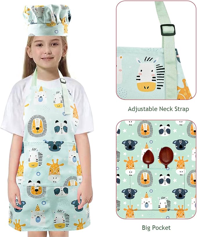 Kids Apron Adjustable Strap for Boys and Girls 100% Cotton, Toddler Chef Apron with Pocket for Kitchen Cooking