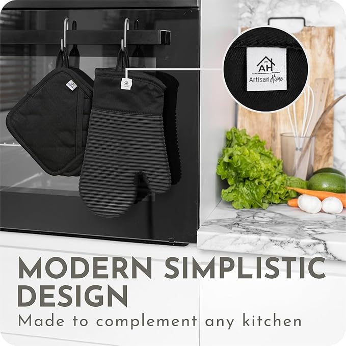 Extra Long Silicone Oven Mitts and Pot Holders Sets | Heat Resistant 500°F BPA-Free Food Grade Silicone Hot Pads & Kitchen Mittens | 4-Piece Set of Oven Gloves & Potholders for Kitchens.