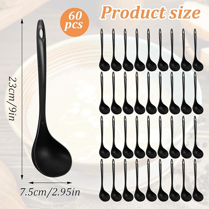 JIEYAO 60 Pack 9 Inch Plastic Ladle Spoons, Long Handle Black Serving Spoons Disposable Soup Ladle Serving Utensils for Sauce Chili Salad Catering Buffet Party Restaurant