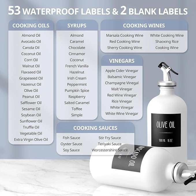 Olive Oil Dispenser Bottle for Kitchen, 16oz Glass Oil and Vinegar Dispenser Set with Wood Tray & 54 Labels - White Cooking Oil Bottles for Kitchen - Coffee Syrup Dispenser - Set of 2