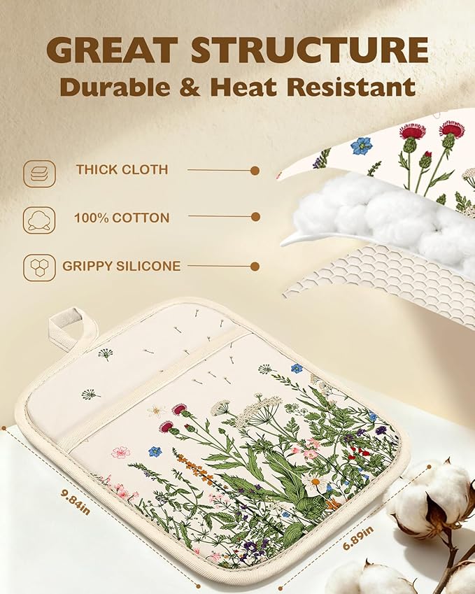Slohif Silcone Flower Pot Holders for Kitchen - 100% Cotton Beige Cute Oven Potholders with Pockets, Heat Resistant Square Thick Hot Pads, House New Home Baking Baker Gifts,2pack