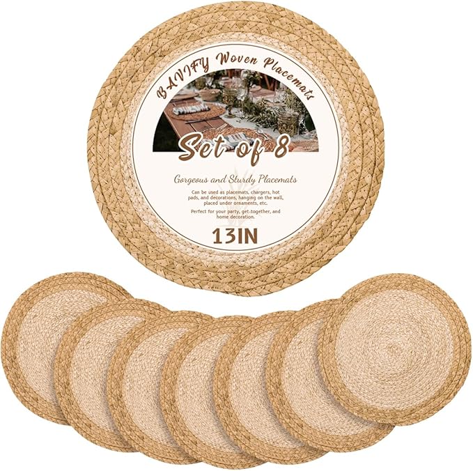 13 in Woven Placemats Plate Chargers Set of 8, Boho Farmhouse Rustic Round Place Mats for Dinner Plates, Rattan Wicker Table Mats Chargers for Dining Table Decor