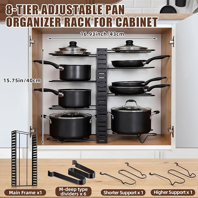 2 Pack Pot & Pans Organizer Kit for Cabinet, 8 Tier Adjustable Pot & Pans Organizer Rack, Expandable Cutting Board Storage Rack Baking Tray Cookie Sheet Holder with 14 Adjustable Divider Kitchen