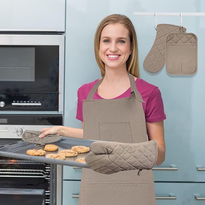 Oven Mitts and Pot Holders with Cooking Apron Set of 5, Heat Resistant Kitchen Gloves and Silicone Non-Slip Potholders, Adjustable Neck Buckle Chef Apron, Cotton Nice Design for Cooking (Coffee)