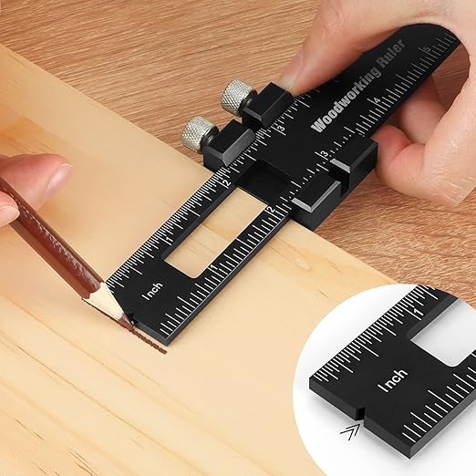 Woodworking Ruler, Violetfox 3Pcs Precision Pocket Ruler Metal Slide Rule Inch and Metric T-Type Scribing Ruler Square Ruler T Track Ruler Marking Measuring Ruler(6/8/12 Inch)