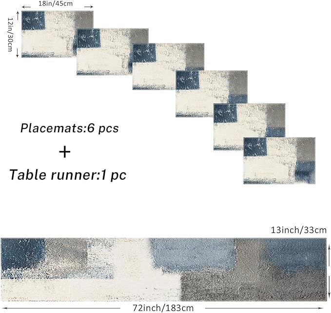 ArtSocket Farmhouse Table Runner and Placemats Set of 6, Abstract Blue Grey Painting Art Dining Decor for Daily Use(1 Table Runner 72 inches Long and 6 Placemats)