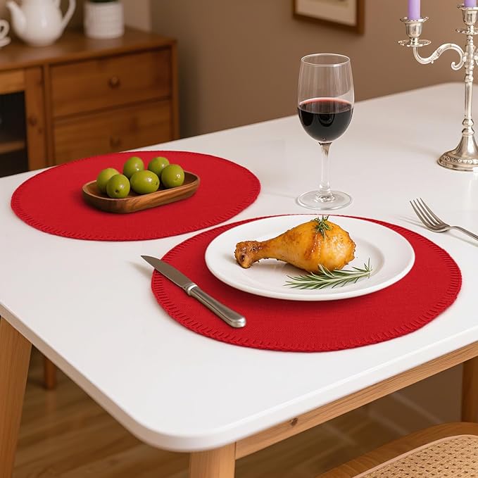Round Placemats Set of 6, 15 Inch Linen Fabric Table Placemats, Heat Resistant, Wrinkle Free Washable Placemats Kitchen Place Mats Set of 6 for Dining Table Party Table (Red, 6)