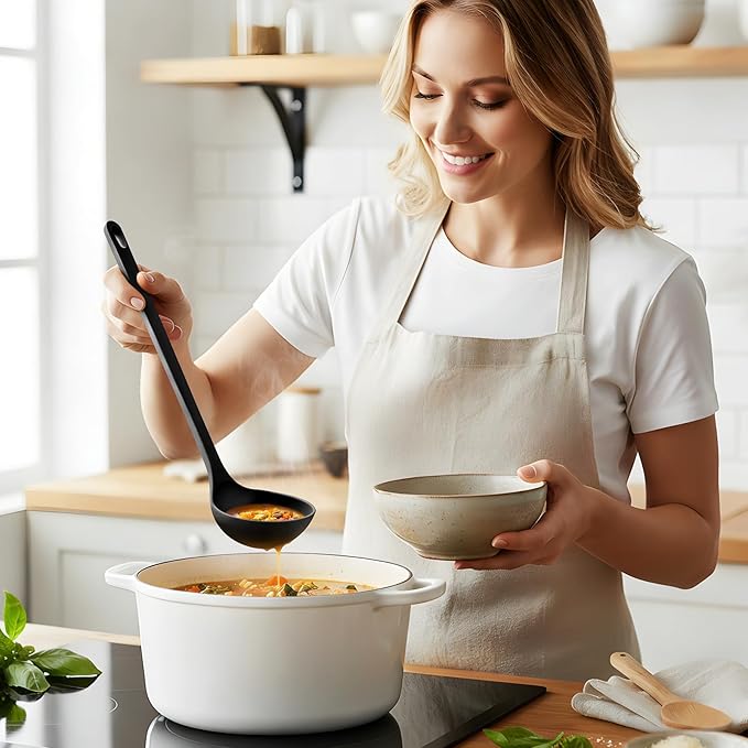 Silicone Spaghetti Spoon&Soup Ladle Cooking Utensils Set of 2,No Scratch for Nonstick Cookware,BPA Free, 450℉ Heat Resistant (BLACK)