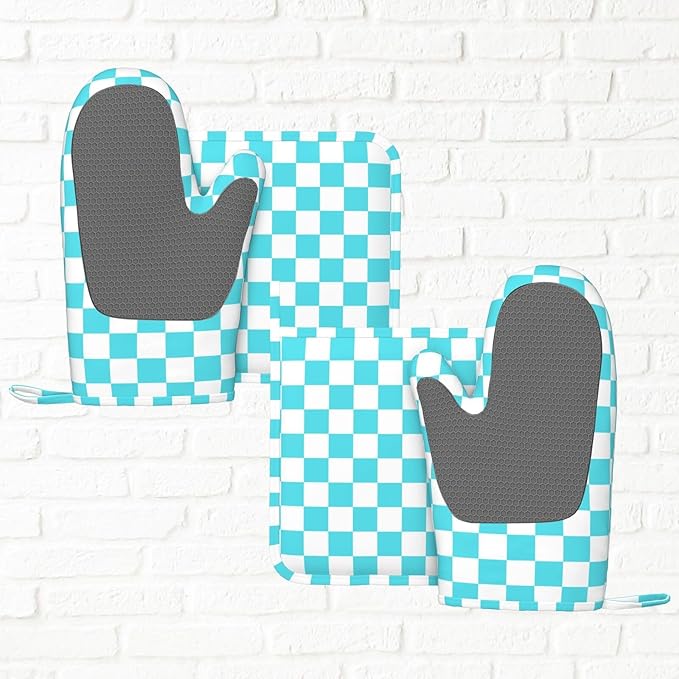 Turquoise Teal Checkered Oven Mitts and Pot Holders Sets of 4, Heat Resistant Silicone Oven Mittens and Potholders Gloves Hot Pads for Kitchen Cooking Baking Grilling BBQ Chef