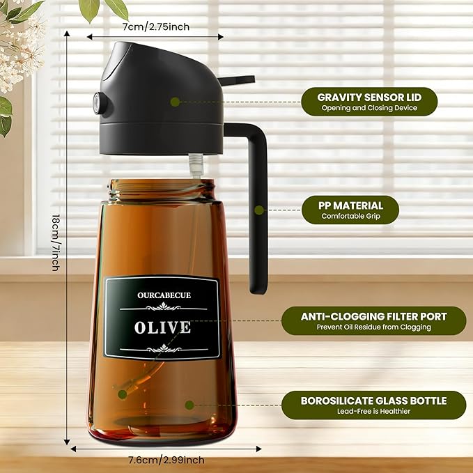 OURCABECUE 2 in 1 Olive Oil Sprayer for Cooking, 16oz/470ml Glass Olive Oil Dispenser Bottle for Kitchen, Light-Blocking Dark Brown Oil Mister with 8 Oil Stickers (Black+Green2PC)